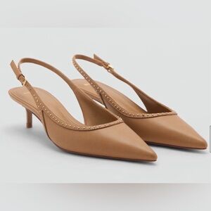 Mango Tan Studded Slingback Kitten Heels